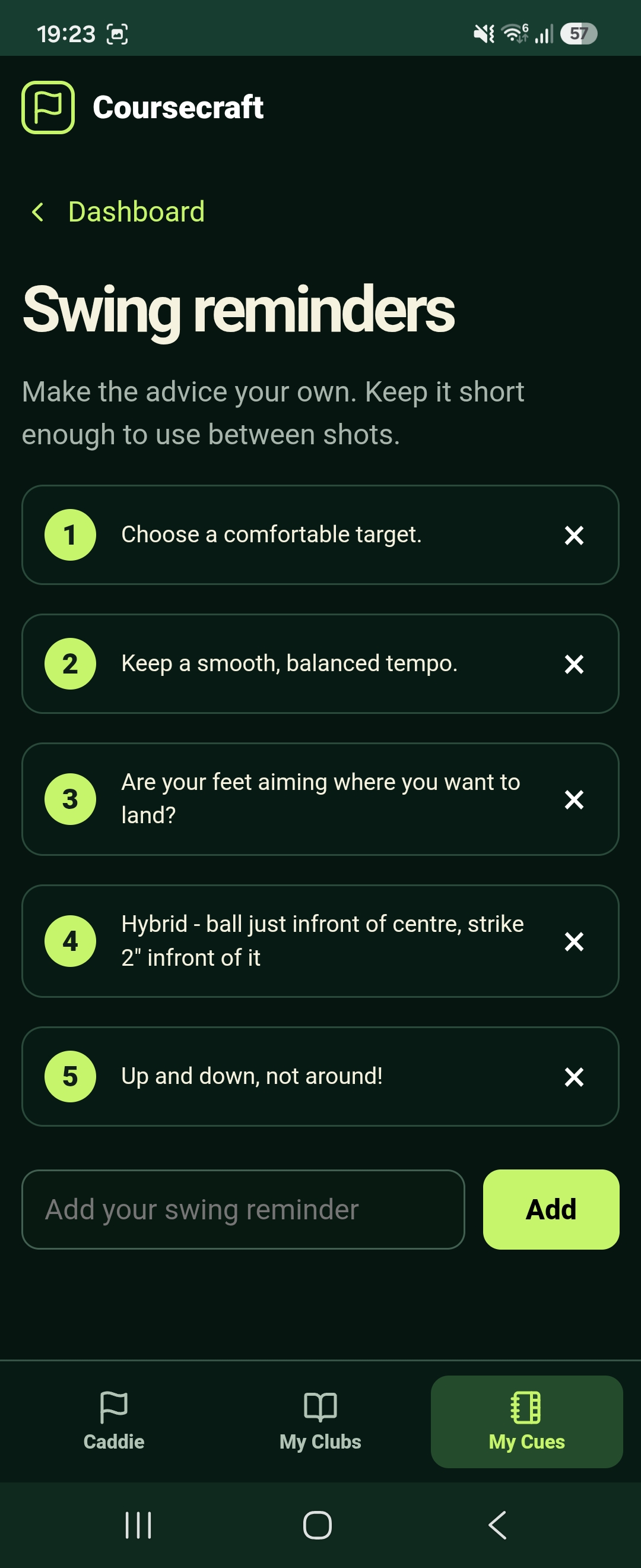 Actual Coursecraft app screenshot: Your own swing reminders