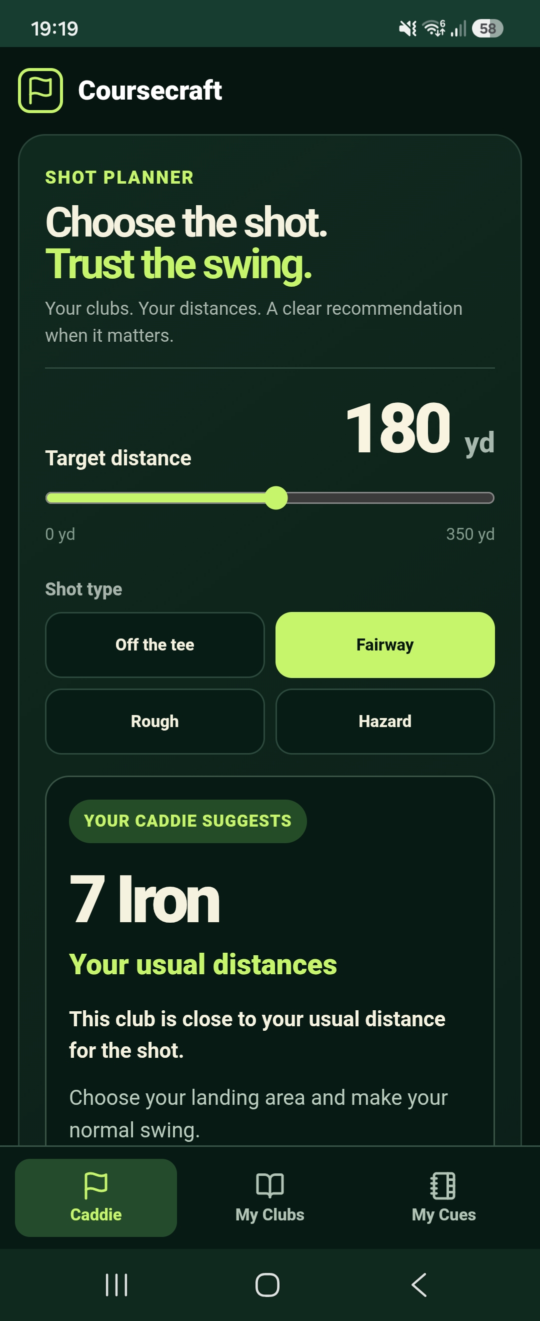 Actual Coursecraft shot planner showing a 180-yard fairway shot and 7-iron suggestion