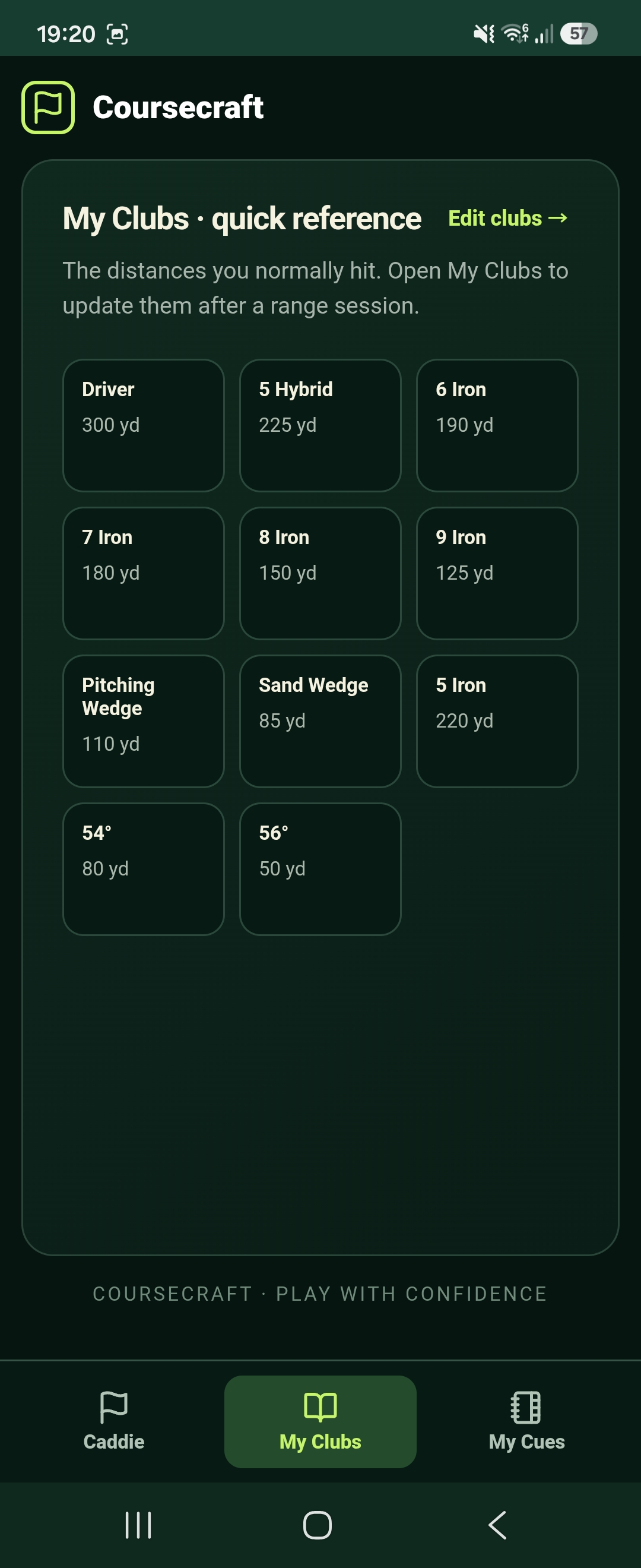 Actual Coursecraft app screenshot: Your clubs, at a glance